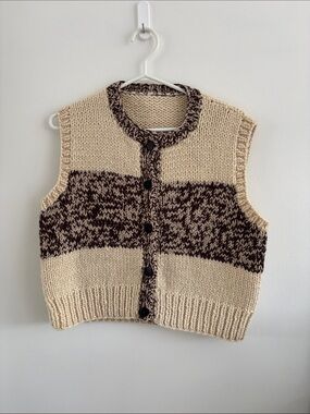 Vintage Chunky Two-Tone Cream & Brown Button-Up Knit Vest - wool